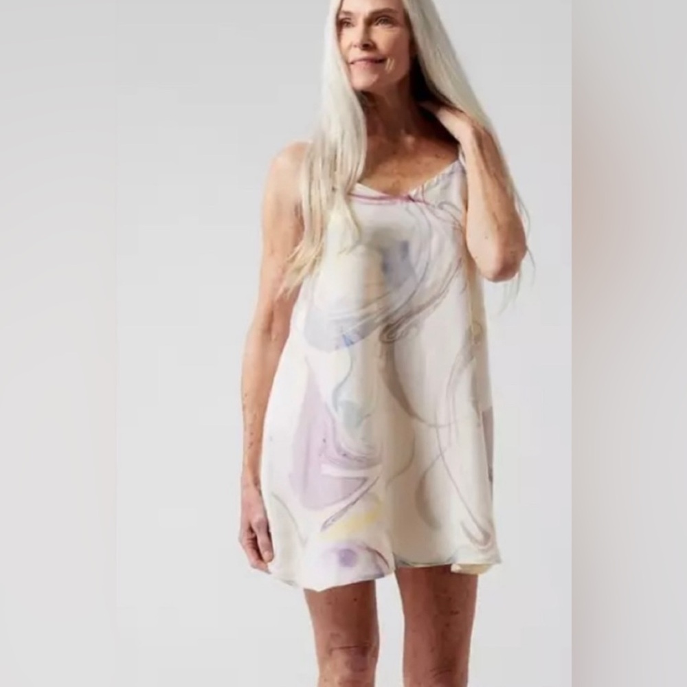 NWT Athleta 3X Calm Cool Printed Slip Dress Off White Purple Blue Yellow